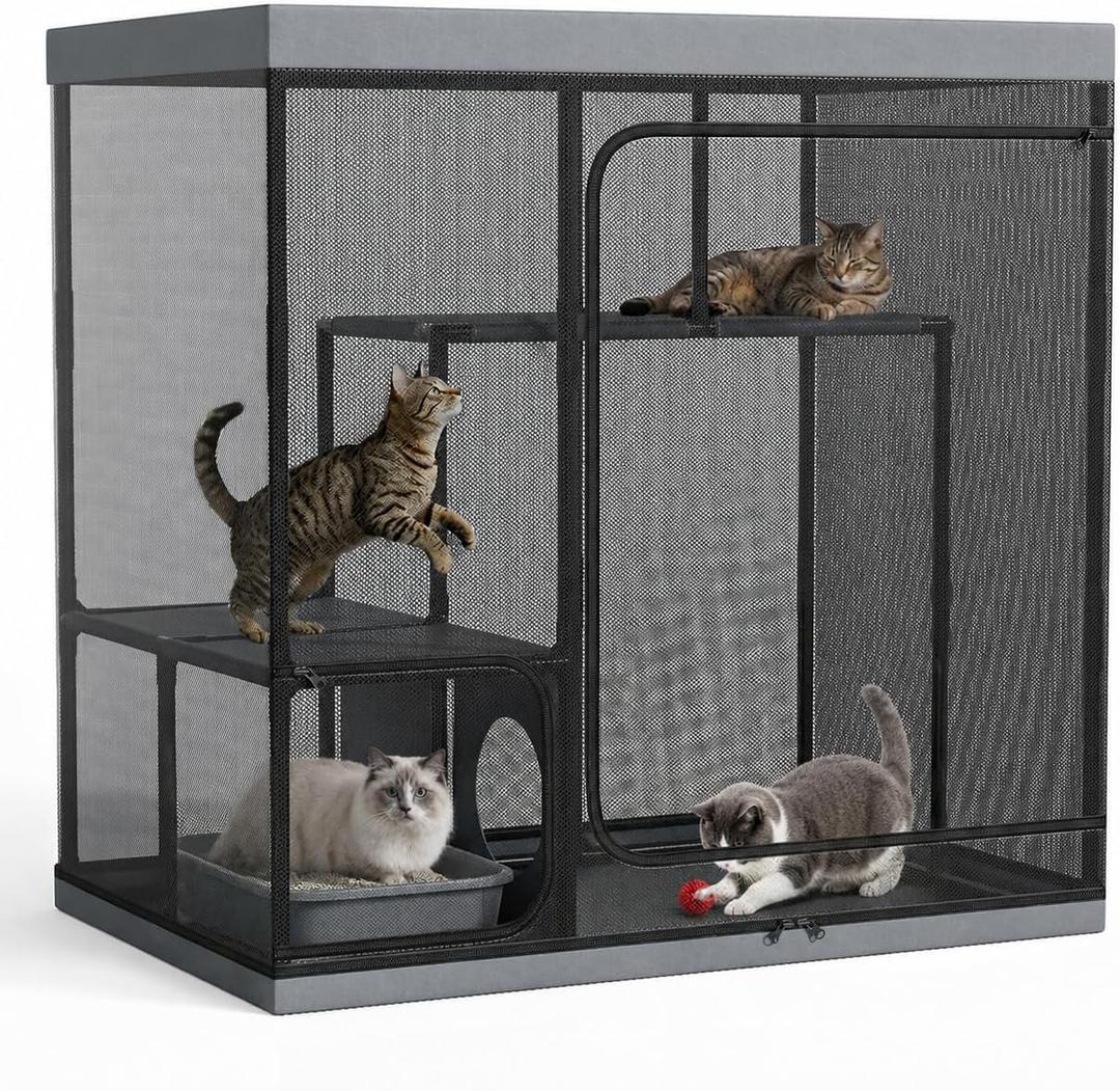 Outdoor Catio Cat Enclosure, Large Cat Cage with 3 Tiers Perches