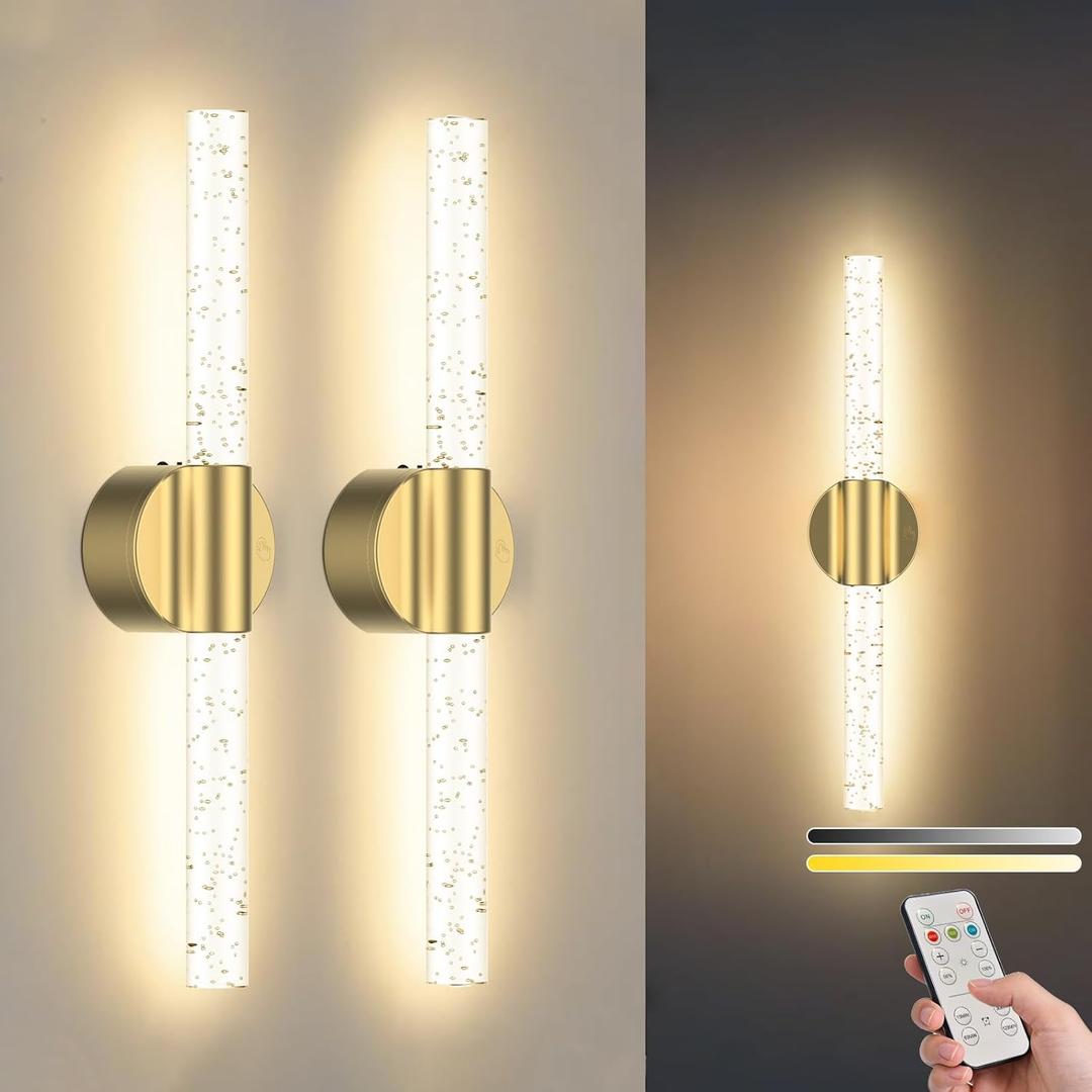 Peel and Stick on Battery Operated Wall Sconces Set of 2, Gold Wireless Magnetic Rechargeable Wall Lights with Remote & Touch Control, No Drill 3CCT Dimmable Wall Lamp for Bedroom Living Room Decor (16.2 Inches (2 Pack))