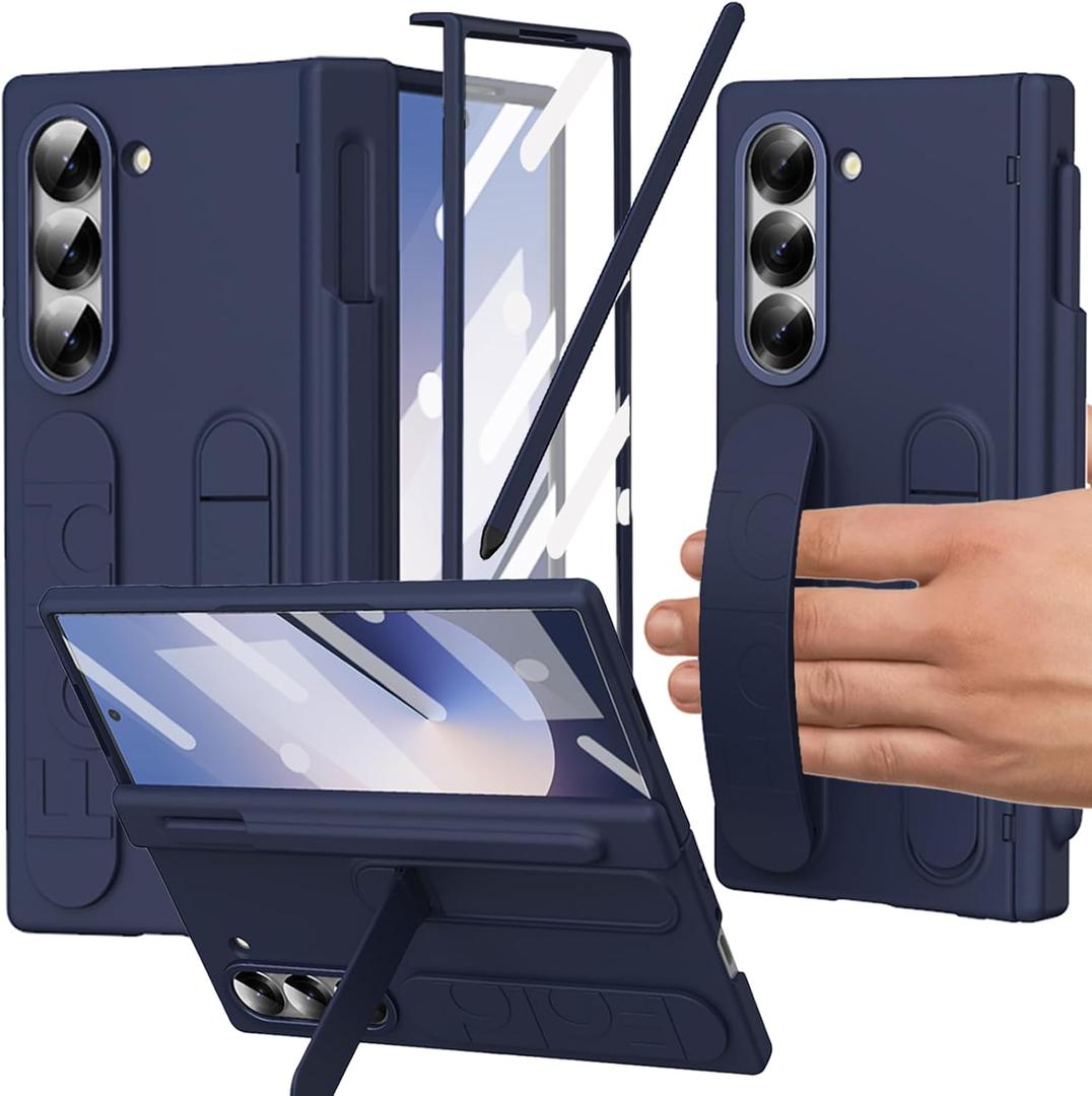 for Samsung Galaxy Z Fold 6 Case with Finger Strap, [Includes S Pen Holder & Stylus] Z Fold 6 Hand Strap Case Full Coverage Screen Protector Hinge Protection Wristband Case for Z Fold 6 Blue