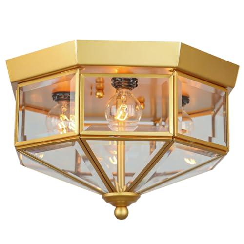 Flush Mount Outdoor Ceiling Light Fixture, 4 Light Exterior Porch Ceiling Lights with Clear Glass, Gold Farmhouse Lighting for Indoor Hallway Kitchen Stairway