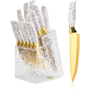 Kitchen Knife Set Non Stick Knives with Block, Serrated Steak Knife, Chef Knife, Bread Knife, Scissors, Sharpener, 14Pcs Stainless Steel Ultra-Sharp Cutlery Block Sets with Titanium Coated Blade (White)