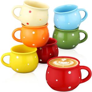 Sliner 6 Pcs Polka Dot Creative Coffee Mugs 10 oz Hot Chocolate Mugs Flat Bottom Coffee Cups with Handle Ceramic Porcelain Dinnerware for Kids Birthday Gift, Assorted Color