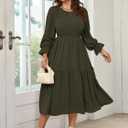 SHESTARR Women's Plus Size Dress Long Sleeve Crewneck Smocked Tiered Flowy Boho Wedding Party Maxi Dresses (Green, XXXL)