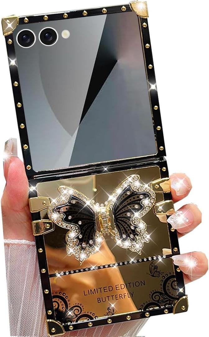 Changjia for Samsung Galaxy Z Flip 7 5G Glitter Kickstand Case,Cute Luxury Bling Sparkly Diamond Butterfly with Foldable Stand Mirror Back Elegant Shockproof Women Girls Case for Galaxy Z Flip 7,Black