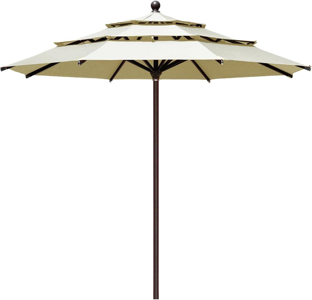 EliteShade USA 10-Year-Non-Fading 11Ft 3 Tiers Market Umbrella Patio Outdoor Cylinder Auto Push-up Table Umbrella with Ventilation, Natural
