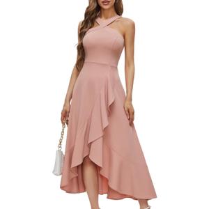 Bbonlinedress Halter Cocktail Women Dresses Prom Formal Wedding Guest Bridesmaid Ruffled Maxi Hi-Lo Evening Party 2026 Dress (Pink, XL)