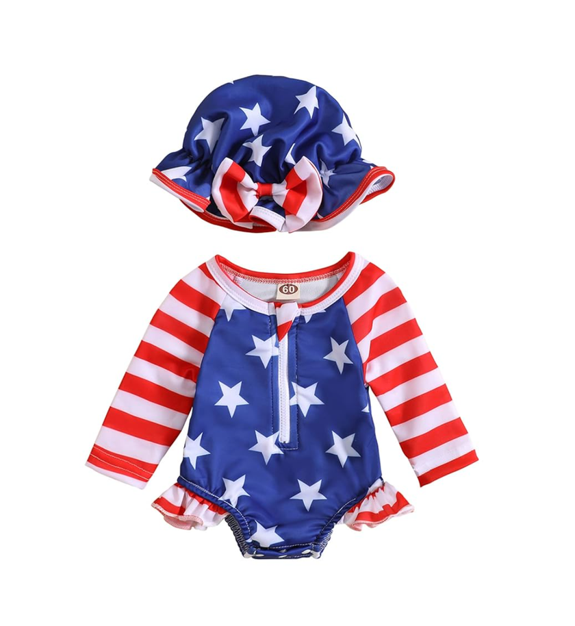 Baby Girls Swimsuit Long Sleeve Zipper Bathing Suit One Piece Swimwear with Hat, 60 weeks