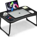 Foldable Lap Desk, Laptop Bed Desk, Portable Lap Table, Laptop Bed Table with Cup Holder & Tablet Slot & Lifting Handle for Working Writing Drawing & Eating - Black Wood
