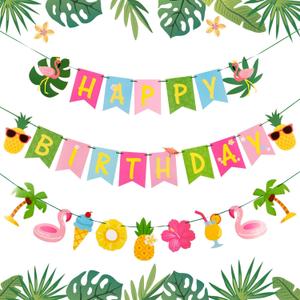 SUNBEAUTY Hawaiian Happy Birthday Banner Tropical Luau Party Birthday Flamingo Pineapple Palm Leaf Banner for Summer Birthday Party Decorations Supplies | Pre-Strung