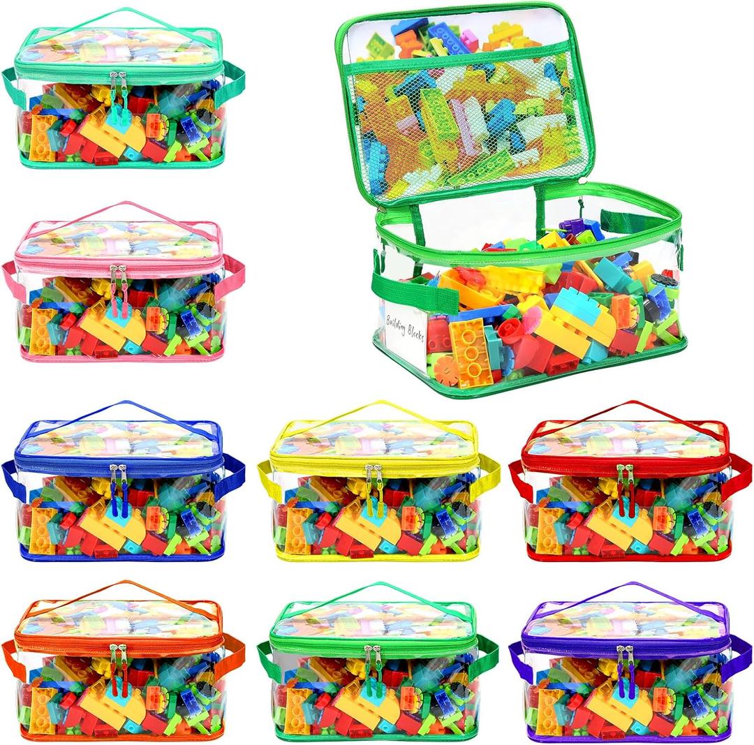8 Packs Extra Large Toy Storage Bags with Labels, Reusable Clear PVC Board Game Storage, Travel Waterproof Toy Organizer Bags with Name Tag and Manual Pocket for Building Blocks, Puzzle, Kids Books (Color)