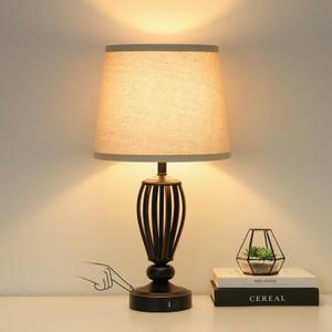 USB Bedside Lamp, 3-Way Dimmable Touch Table Lamp with USB C+A Charging Ports Industrial Table Lamp Black Metal Base Farmhouse Reading Lamp for Bedroom, Living Room, Office or Study, LED Bulb Included