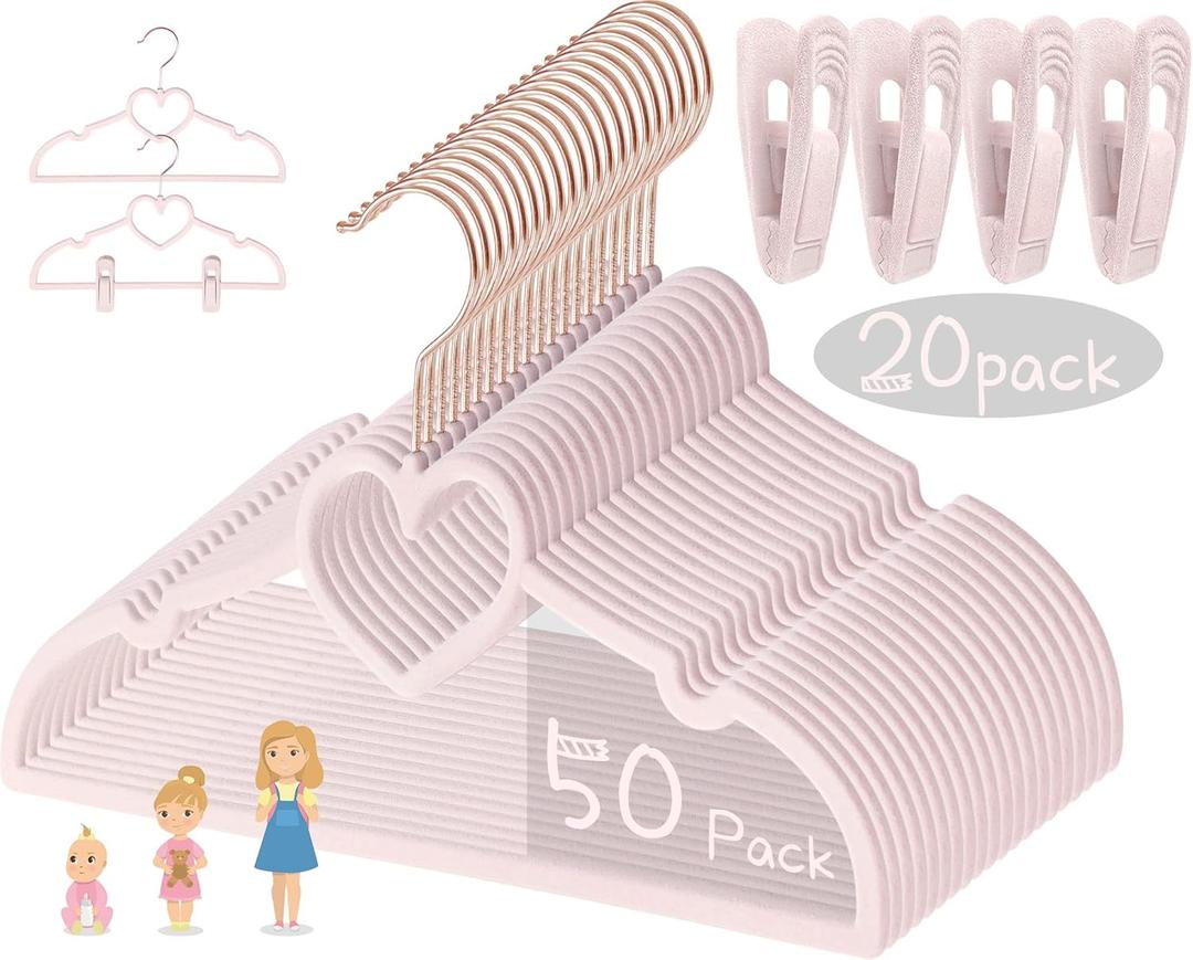 Pink Heart Velvet Baby Hangers - 50pack 13inch Toddler Hangers with 20pcs Clips, Premium Velvet Strong and Durable Baby Clothes Hangers Without Slipping, Ultra Slim and Stackable Space Saving (Pink-rose Gold)