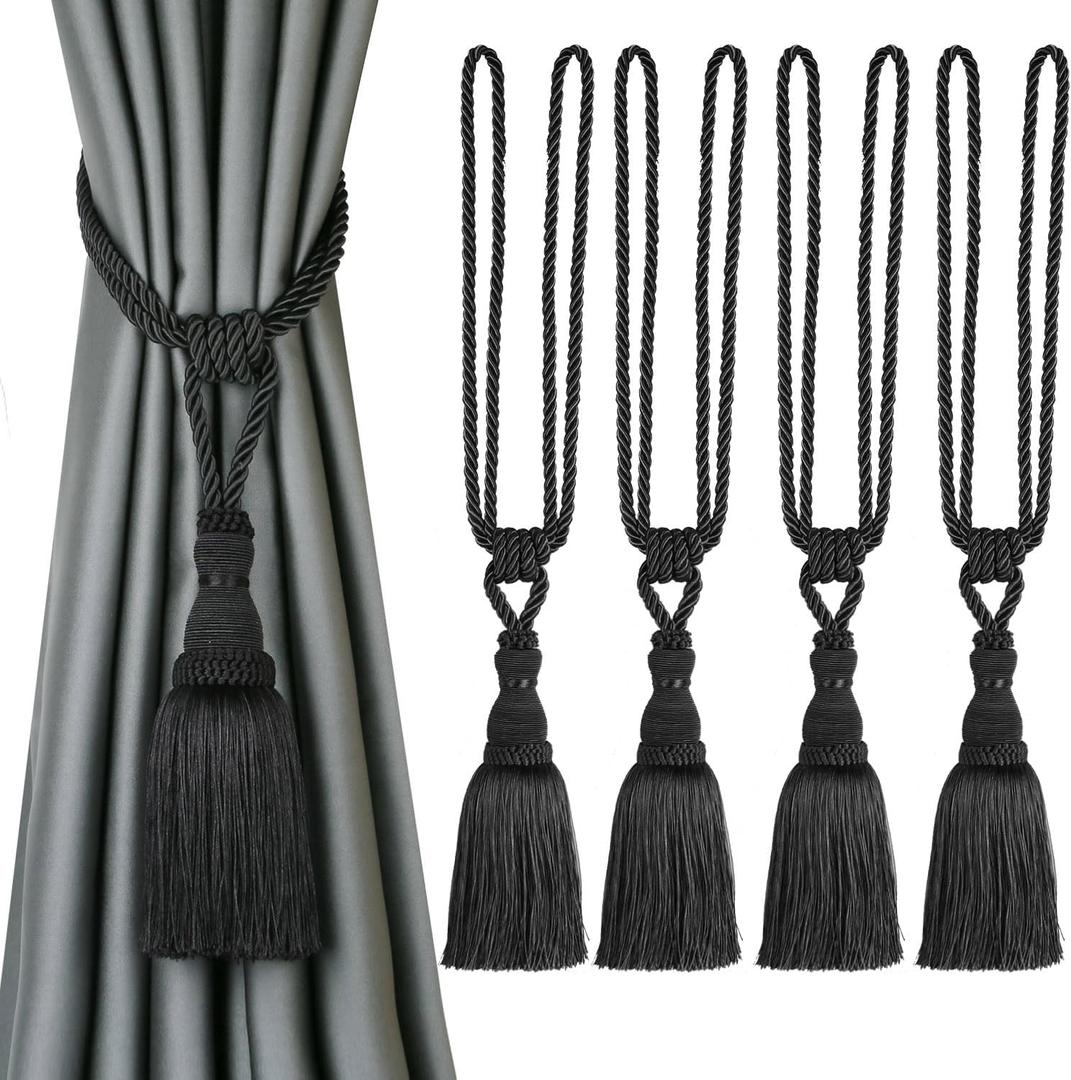 BEL AVENIR 2 Pack Curtain Tiebacks Tassel Drapery Tie-Backs Rope Handmade Holdbacks Home Office Hotel Decorative (Black, 4 Pack)