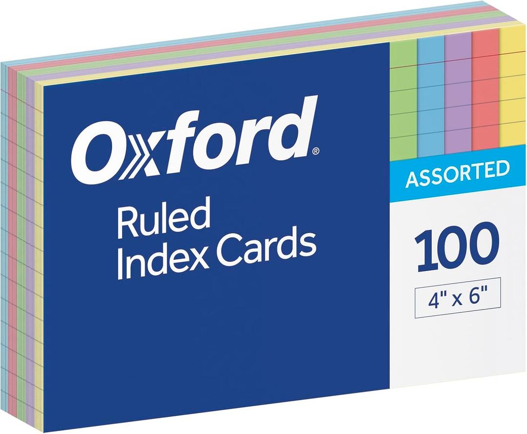 Oxford Ruled Color Index Cards, 4" x 6", Assorted Colors, 100 Per Pack (34610)