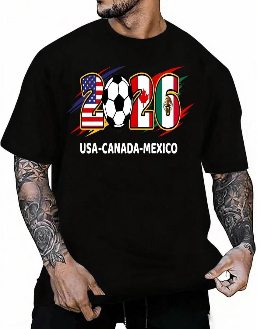 2026 Soccer Cup Shirt for Men USA Canada Mexico Soccer Fan Tee Mens Football Graphic T Shirt Casual (Black, XXL)