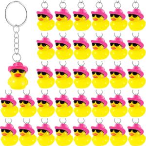 36 Pcs Duck Keychain Bulk Cowboy Cowgirl Duck Party Favors Resin Tiny Duck Keychain with Cowboy Hat Sunglasses Charms Pendant for Kids Gift Halloween Birthday Baby Shower (Yellow, Rose Red)
