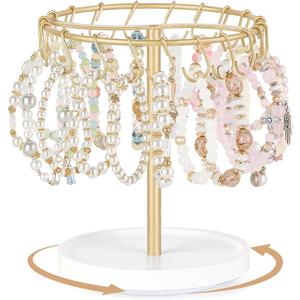 Mkono Bracelet Holder Single Tier Rotating Bracelet Display Stand Metal Jewelry Organizer with 40 hooks and Storage Tray Modern Rack for KeyChain Accessories Selling and Dressing Table Decor,Gold
