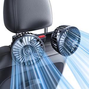 Dual-Head Rear Seat Car Fan, Powerful Airflow, 360 Rotation, Blows Both Left & Right, Adjustable Angle, Perfect for Pets, Front & Back Seats, USB & 12V/24V Powered