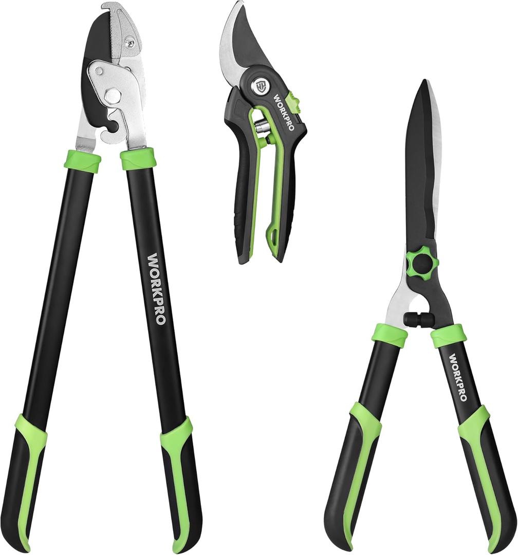 WORKPRO 3-Piece Garden Shears Set - 20 Hedge Shear, 24 Anvil Lopper & 8 Pruning Shear, Heavy-Duty Gardening Clippers with Sharp Blade, Comfort Grip Handle for Branches, Shrubs, and Hedges