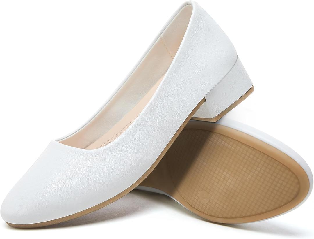 Jeekopeg Low Chunky Pumps Women's Round Toe Heels PU Leather Chunky Pump Shoes Classic Closed Toe Pumps Low Heel Dress Shoes for Women (5, White)
