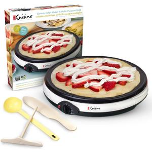 Euro Cuisine CM20 Electric Crepe Maker, 12 Inch Ceramic Non-stick Pan (PTFE PFOA Free), Adjustable Temperature Setting, Also Makes Roti, Dosa, Pancakes, Includes Batter Spreader, Turner and Ladle
