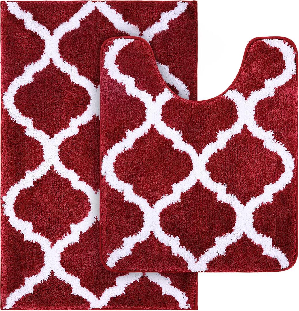OLANLY Bathroom Rugs Set 2 Piece, Microfiber Bath Shower Mat and U-Shaped Toilet Rug, Machine Wash Dry, Non-Slip Absorbent Shaggy Bath Mats for Tub, Shower and Bathroom (24"x16"+24"x20", Burgundy)