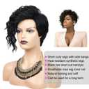 SEVENCOLORS Short Curly Pixie Wigs for Black Women Natural Looking Black Wavy Wigs with Side Bangs Synthetic Short Hair Asymmetrical Wig