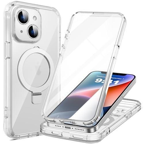 RIASOLIN for iPhone 14 Plus Case with Invisible Magnetic Stand, Compatible with Mag-Safe Military-Grade Protection with Built-in Screen Protector, Shockproof Phone Case for Women Men, Clear