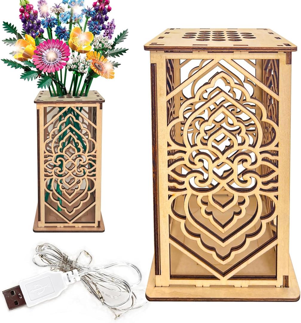 Wooden Vase for Lego Flowers,Display Stand for Lego botanicals,Cool Geometric Hollow Pattern Vase,Gift for Flower Lovers (Wood)
