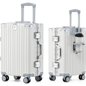 HotWay 20 Inch Aluminum Frame Carry On Luggage with Spinner Wheels, PC Hard Shell Suitcase with Cup Holder, Zipperless Luggage for Business Travel, White