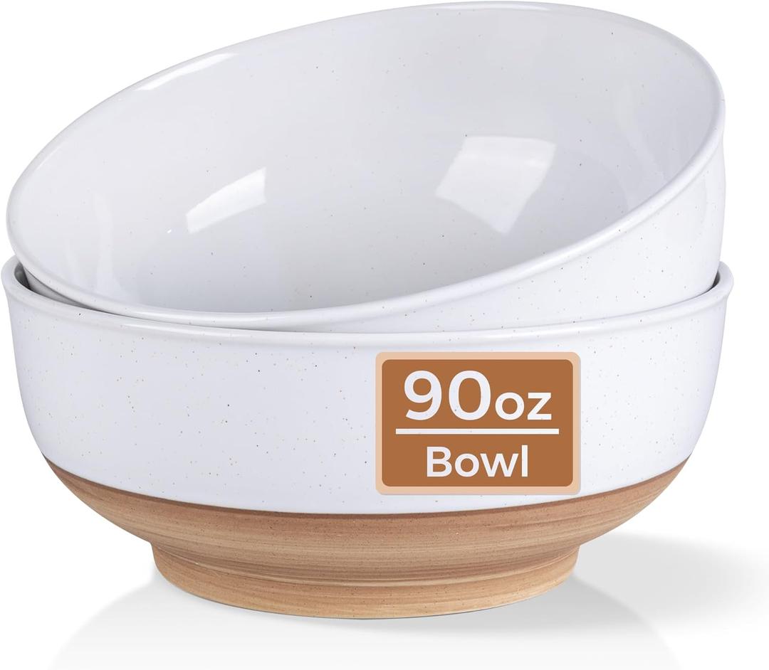 AmorArc 9.8 Extra Large Ceramic Salad Bowls, 90 OZ Serving Bowls Set of 2, Stoneware Oversized Bowls with Rustic Terracotta Underside for Salad, Soup and Dinner. Large Bowls for Entertaining&Gift (White)