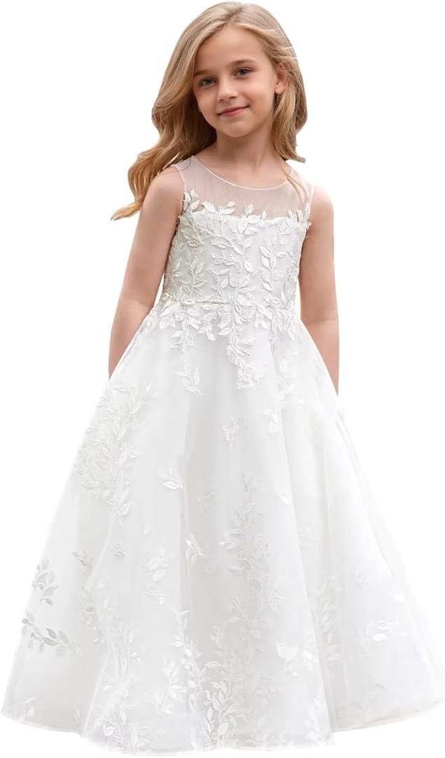 Tulle First Communion Dress Lace Appliques Flower Girl Dresses for Wedding Girls Pageant Ball Gown (8, White)