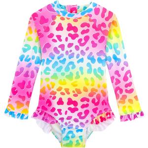 Baby Toddler Girl Long Sleeve Ruffle Swimsuit One Piece Zipper Rash Guard Bathing Suit with UPF 50+ Sun Protection (3-4T, Rainbow Leopard)