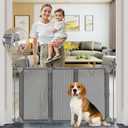 GRENFU 28" Tall No Drill Dog Gate for Stairs, Dual-Opening Sliding Pet Gate, Fits 32-55" Wide Expandable Dog Gates Indoor No Bottom Bar Baby Gate No Drill & Adjustable Width & Angle Mesh Gate, Gray
