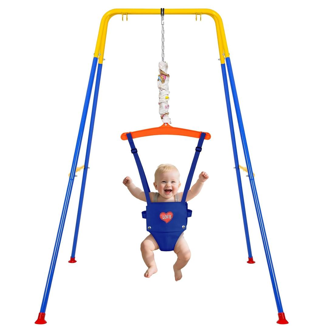 Baby Jumper with Stand, Infant Jumper with Adjustment Strap | Indoor/Outdoor Toddler Swing Set, Baby Jumpers and Bouncers for Boys Girls 6-24 Months, Easy to Assemble & Store