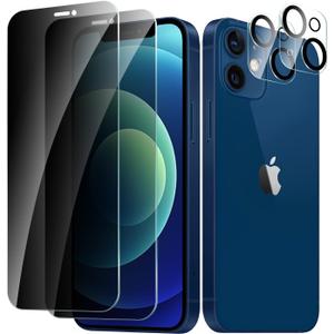 2+2 Pack for iPhone 12 Mini Privacy Screen Protector with Camera Lens Protector, Anti Spy Tempered Glass Protection Film 9H Hardness, Scratch Resistant, Case Friendly