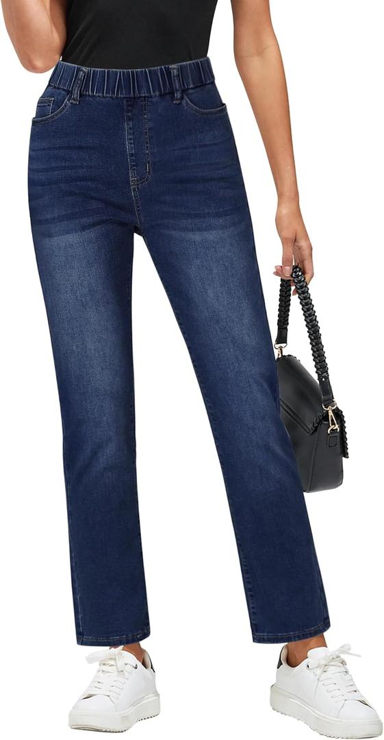GRAPENT Straight Leg Jeans for Women Trendy Pull On High Waisted Cropped Elastic Waist Stretchy Denim Pants Ankle Jeans (Medium, Darkness Blue)