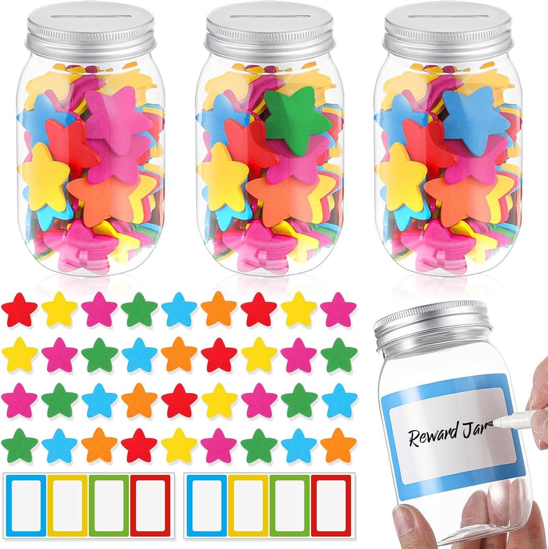 Roowest Star Reward Jar for Kid 3 Pcs Coin Jars for Behavior Tokens 200 Pcs Stars 8 Pcs Name Tags Classroom Reward System for Kids Back to School Incentive Good Behavior Training