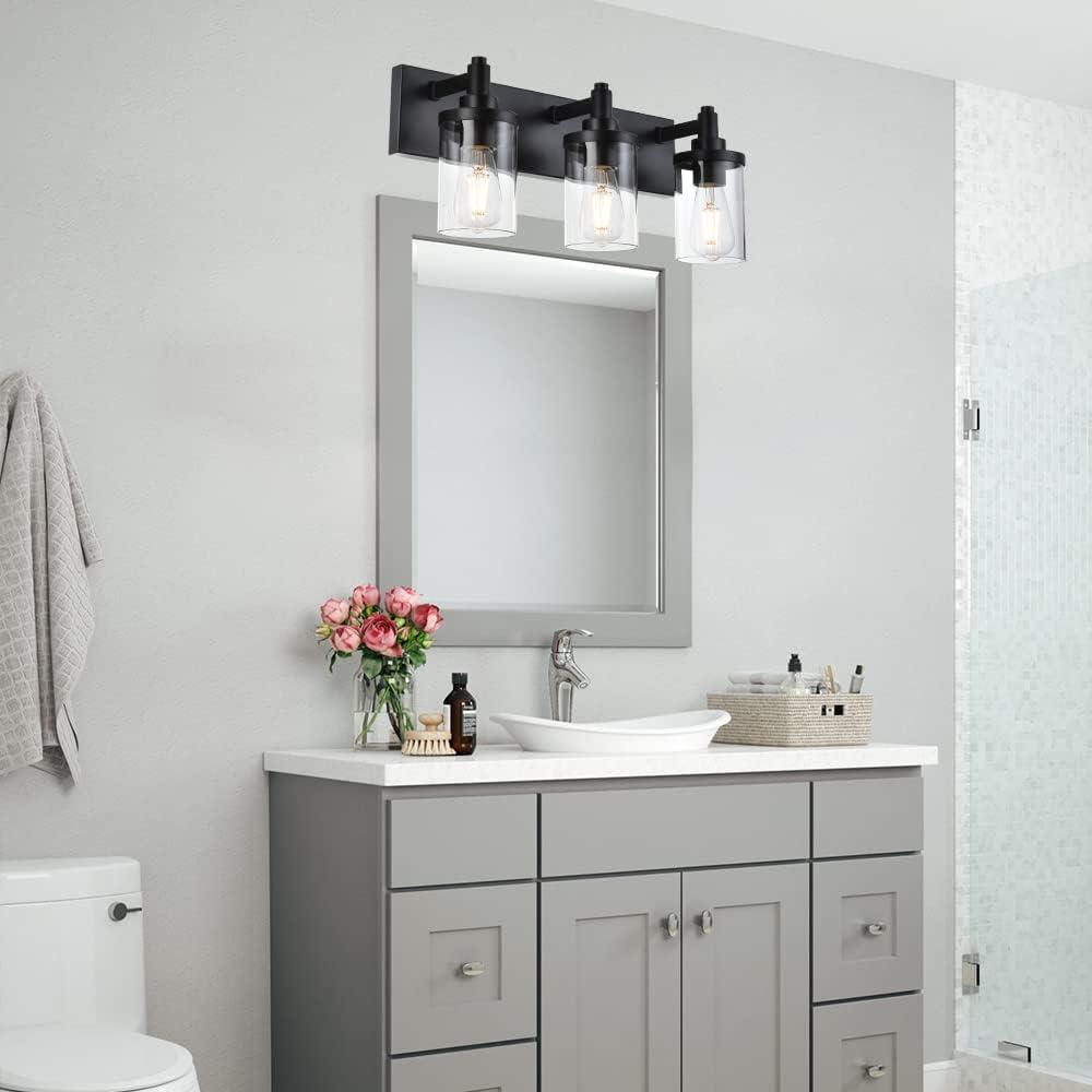 Modern Vanity Lighting,3 Light Matte Black Bathroom Light, Vintage Wall Sconces Lighting with Clear Class Shade Industrial Bath Wall Mounted Lights for Mirror, Living Room, Bedroom Hallway (3 Lights)