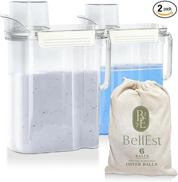 BellEst 2 Pack 101 oz Plastic Detergent Dispenser , Laundry Detergent Dispenser with Handle for Better Grip , Laundry Soap Dispenser with 6 Pieces of Dryer Wool Balls Included.