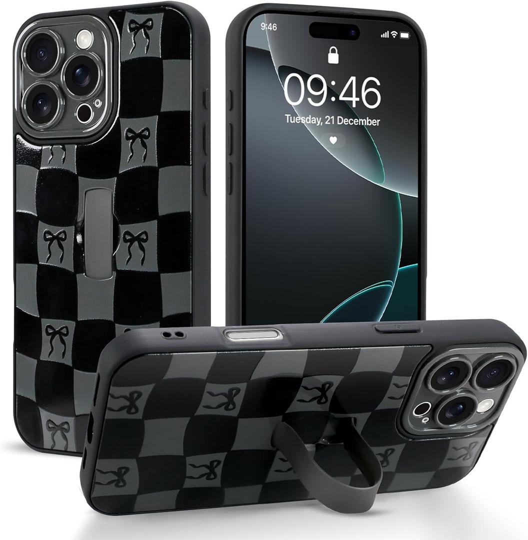 Checkered Case for iPhone 16 Pro Max with Finger Strap Kickstand Cute Checkerboard Bow Phone Case for Women Girls, Full Camera Protection Shockproof Cover for 16 Pro Max 6.9 inch, Black