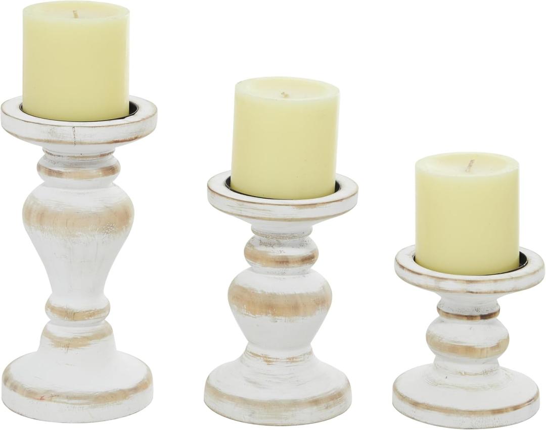 Deco 79 Wood Decorative Candle Holder Turned Style Candle Stand, Set of 3 Candlestick Holder 8", 6", 4"H, White
