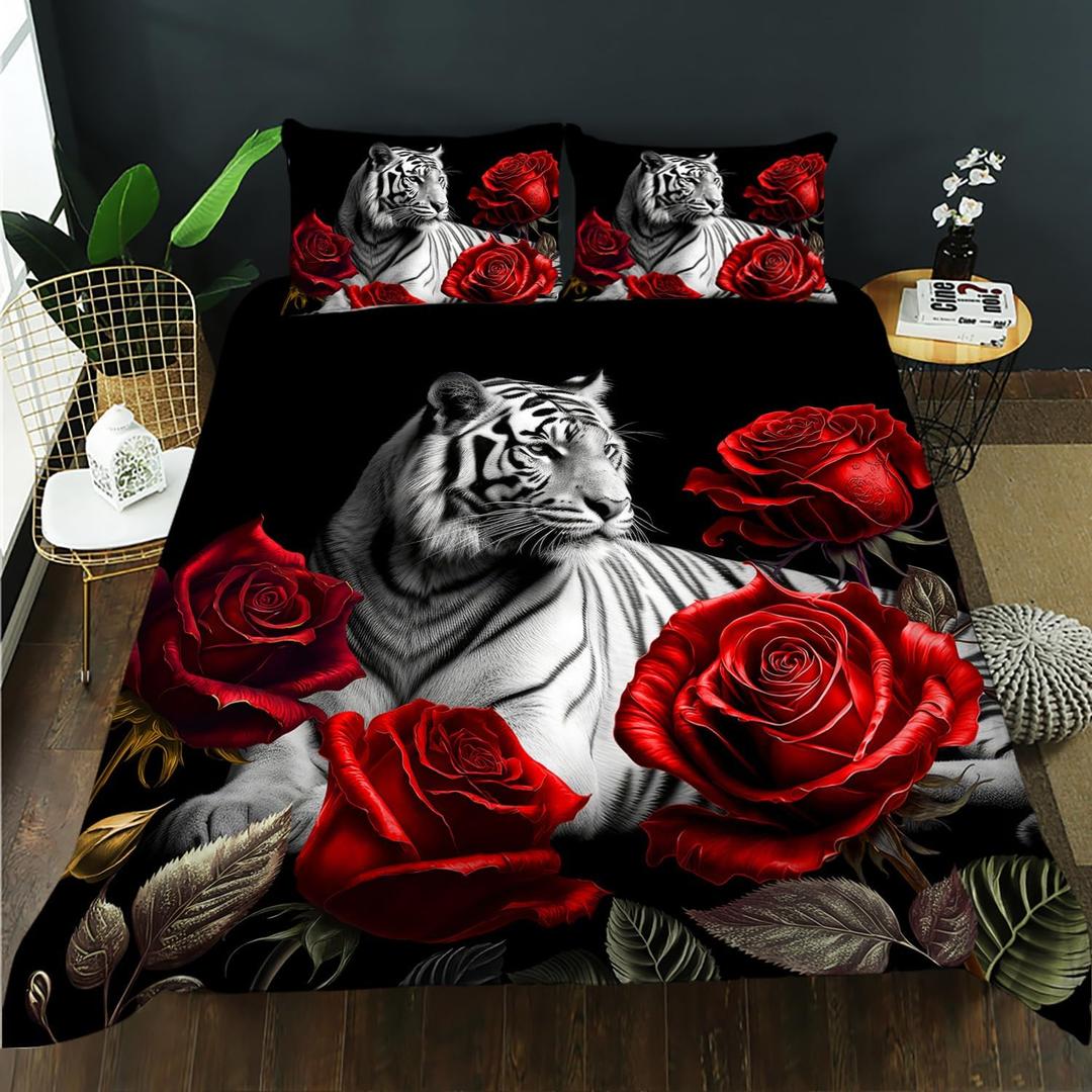 AILONEN 3D Tiger Duvet Cover Set Queen Size, Red Rose Comforter Cover for Women Men,Wild Animal Flowers Bedding Set,Romantic Floral Duvet Cover,1 Quilt Cover and 2 Pillowcases,3 PCS