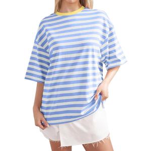 3 x Women Oversized Striped T Shirts Color Block Crew Neck Tee Shirt Short Sleeve Basic Summer Tops (Blue, M)