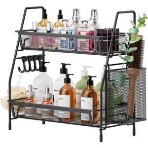 VITVITI 2-Tier Bathroom Organizer Countertop, Metal Wire Mesh Bathroom Counter Organizer Storage with Basket Hooks, Vanity Tray Shelf, Kitchen Spice Rack, Small Black