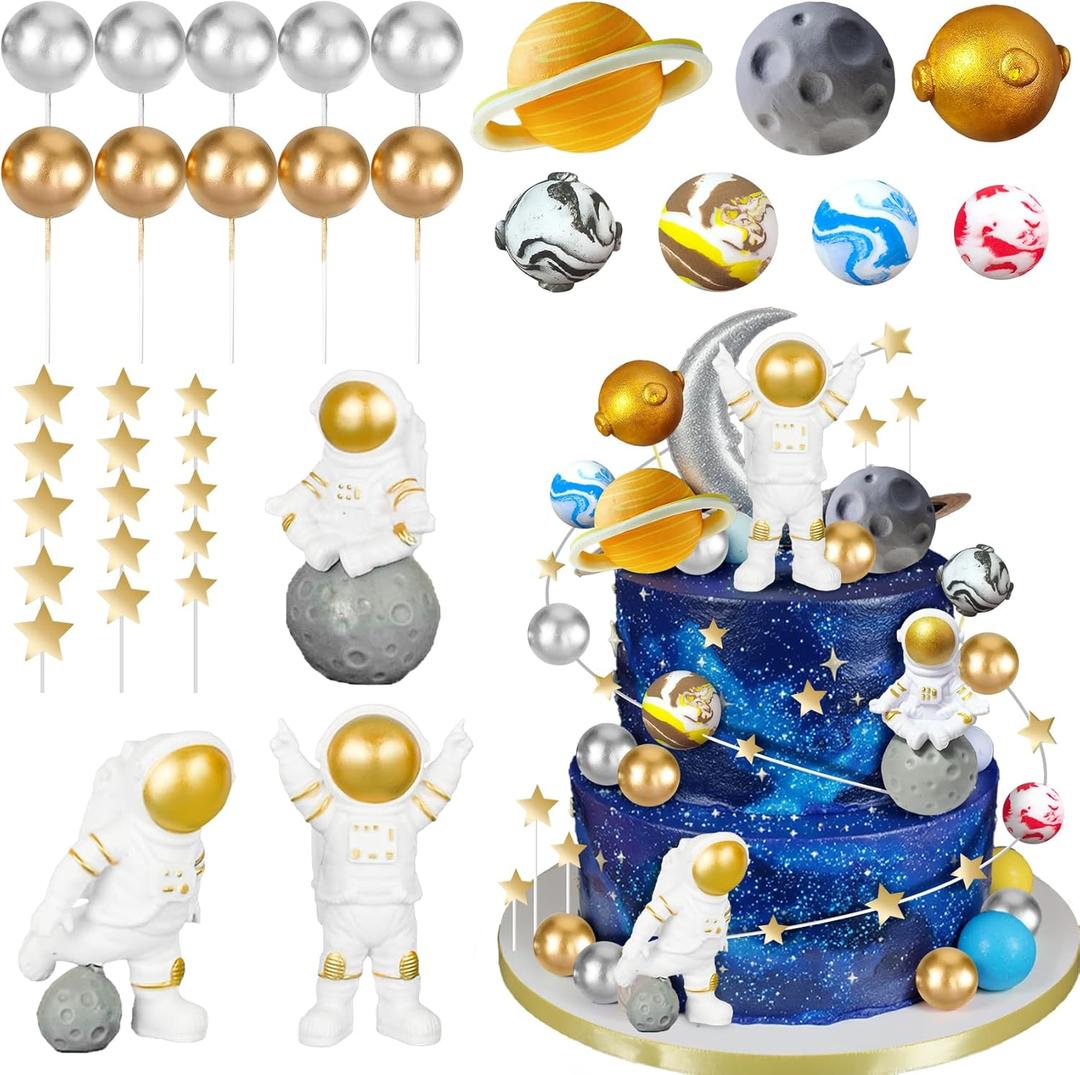 26Pcs Space Cake Topper Astronaut Cake Decorations Outer Space Planet Cake Toppers for Birthday Party Supplies Baby Shower