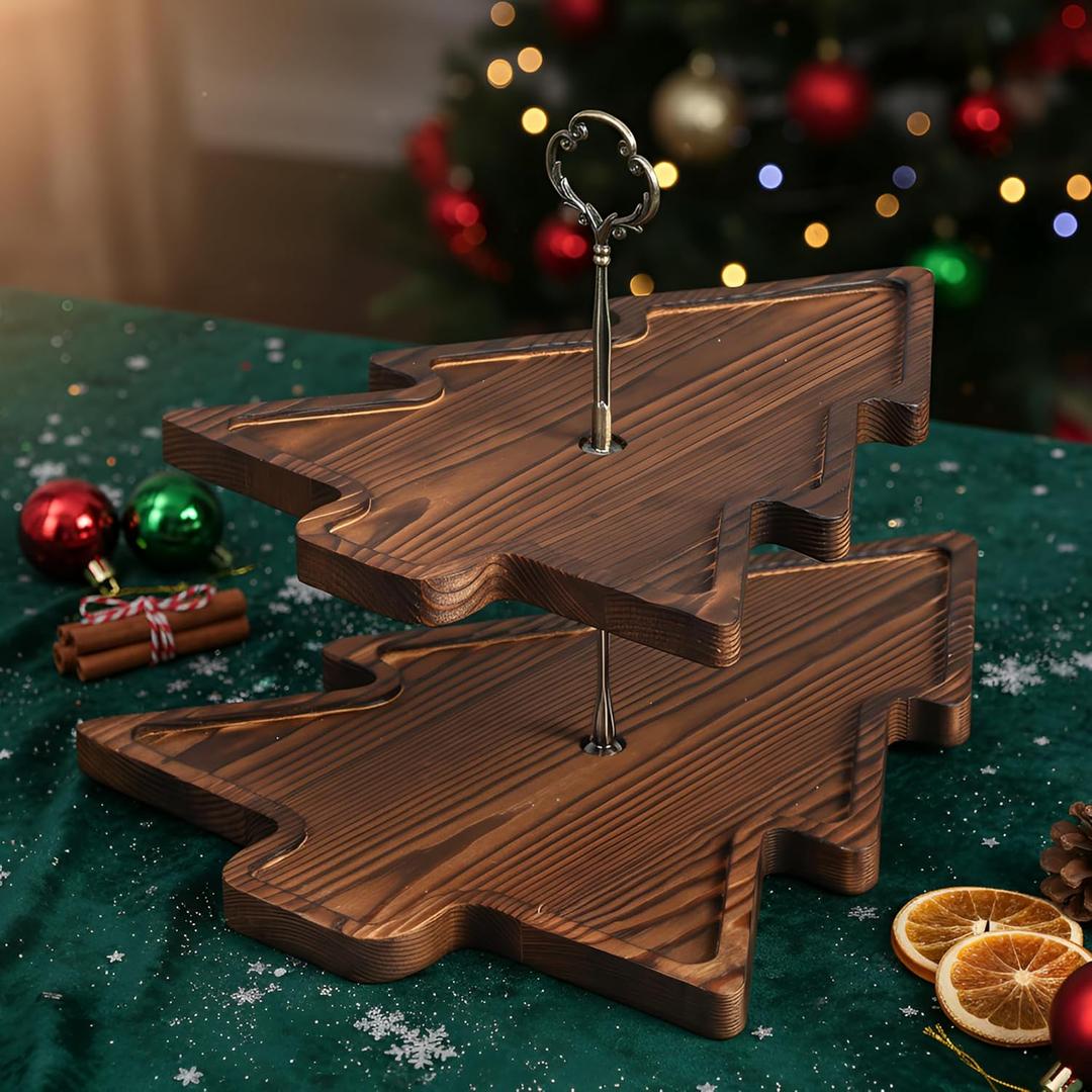 Amyhill Wood 2-tiered Christmas Tree Tray Cupcake Stand Dessert Display Holiday Serving Platters Xmas Wooden Charcuterie Board for Snacks Food Fruit Appetizers Desserts Cookies (Dark Brown)