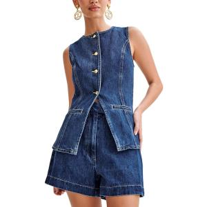 ELFTOWN Women's Denim 2 Piece Outfits Casual Button Down Sleeveless Top Trendy High Waist Jean Shorts (Large, Blue)