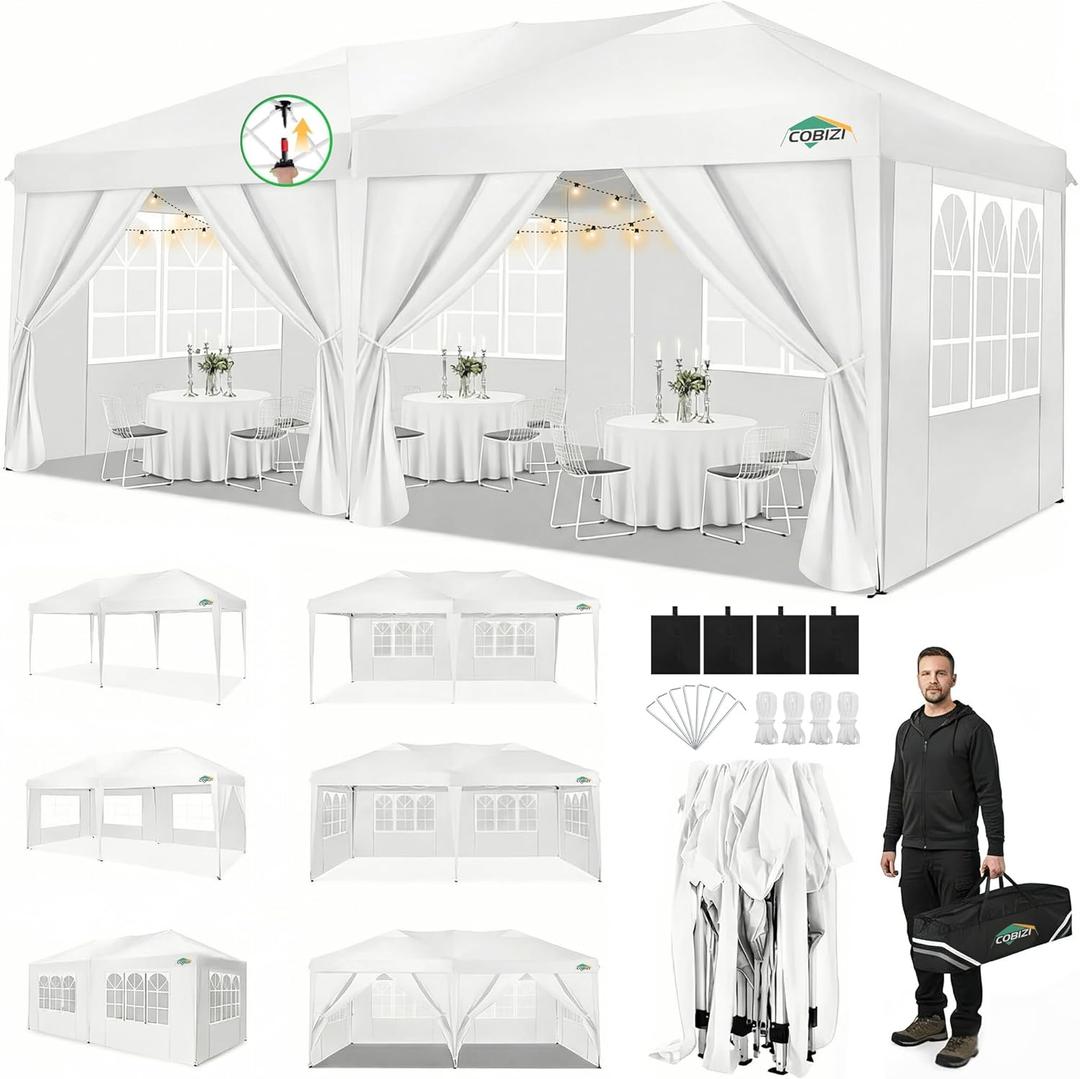 COBIZI 10x20 Pop Up Canopy Tent Commercial Instant Shelter with 6 Sidewalls, Durable Waterproof Portable Gazebo UPF 50+ for Outdoor Party, Wedding, Vendor Events (White)