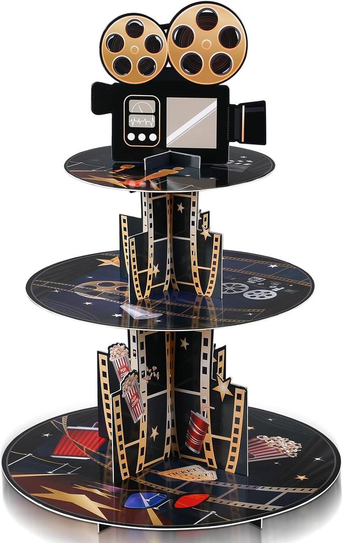 3 Tiers Movie Night Cupcake Stand Movie Cardboard Cupcake Holder Movie Birthday Party Decorations for Movie Night Themed Birthday Party Desserts Supplies Decorations